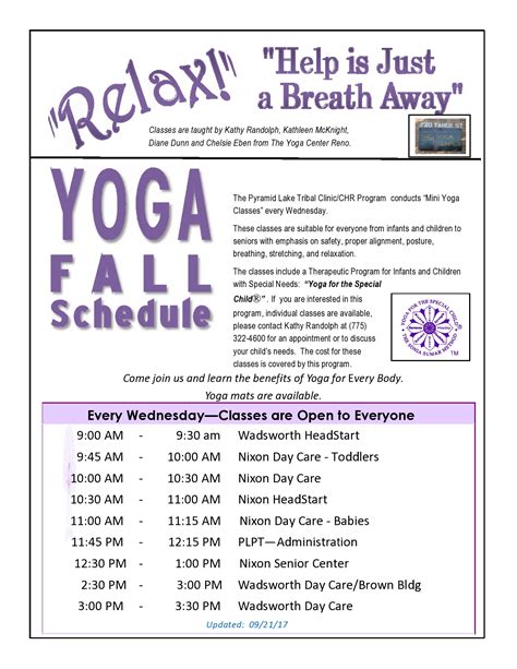 WEEKLY CLASS SCHEDULE — Hope Yoga Studio .